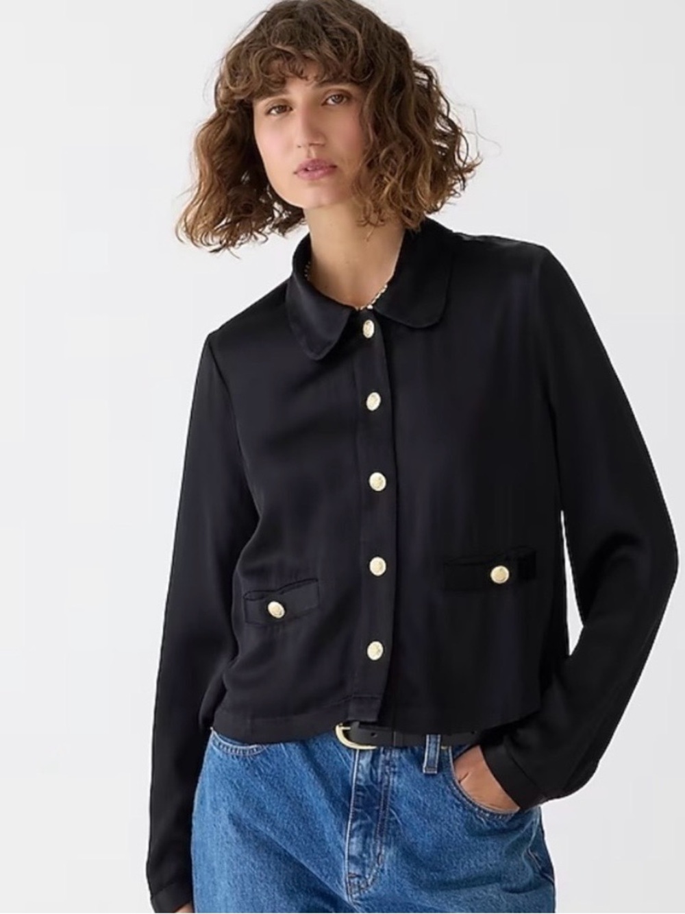 J.Crew Lady Shirt-Jacket in Luster Crepe Small Black Gold Button Cropped
